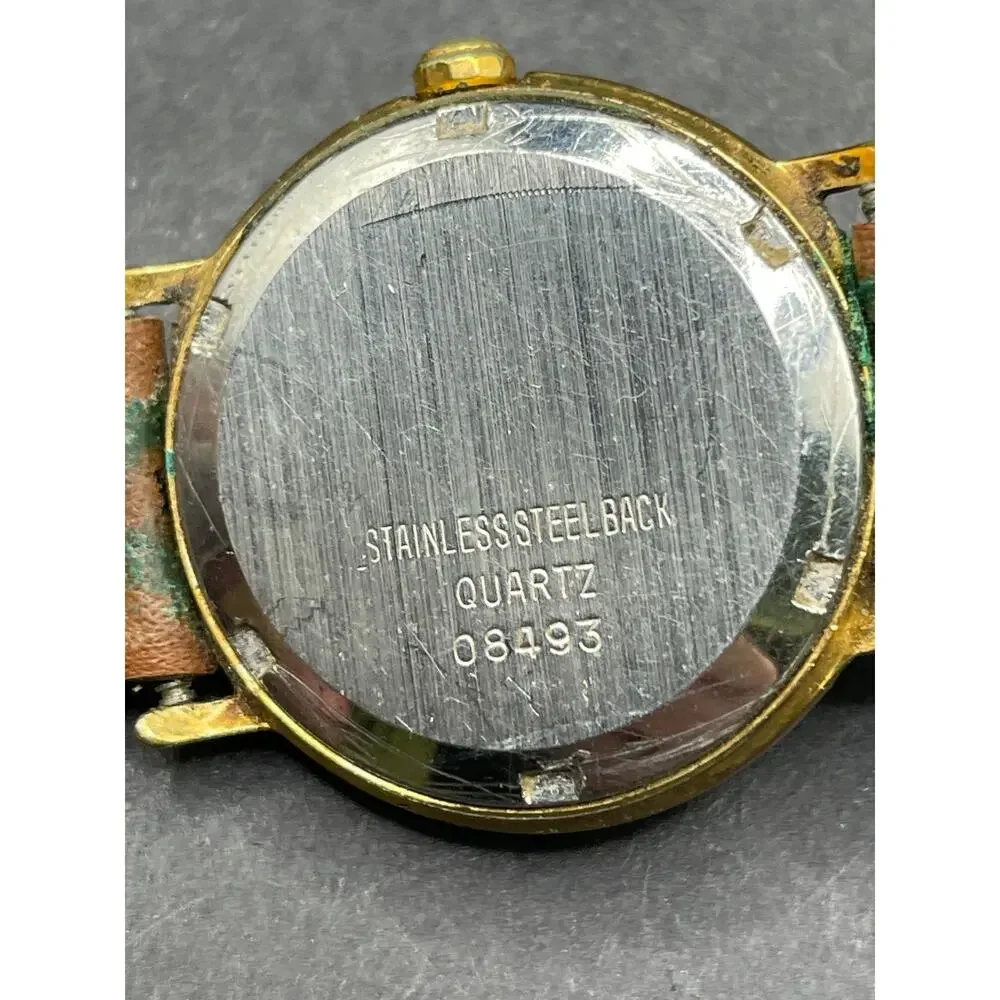 Vintage BREIL Davos Quartz Gold Tone Date Womne's Watch Brown Leather Band 28mm